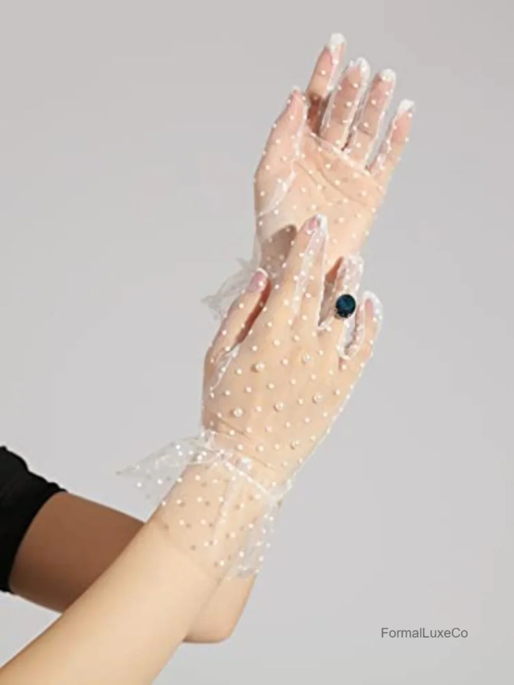 Sheer Mesh Polka Dots Pearls Ruffle Trim Tea Party Gloves